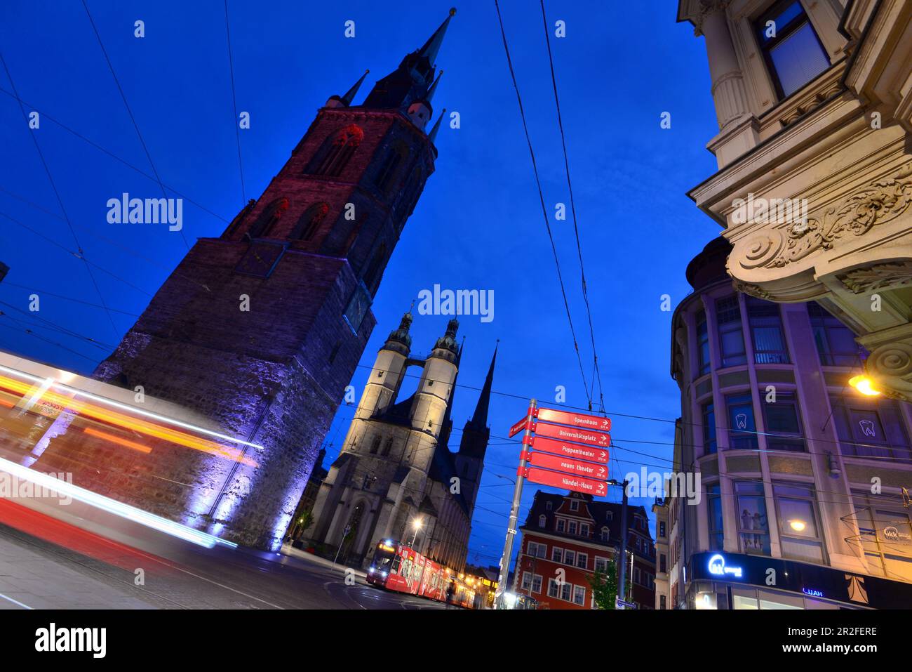 in the evening, market church with Rotem Turm am Markt, cathedral, square, Halle an der Saale, tram, Saxony-Anhalt, Germany Stock Photo