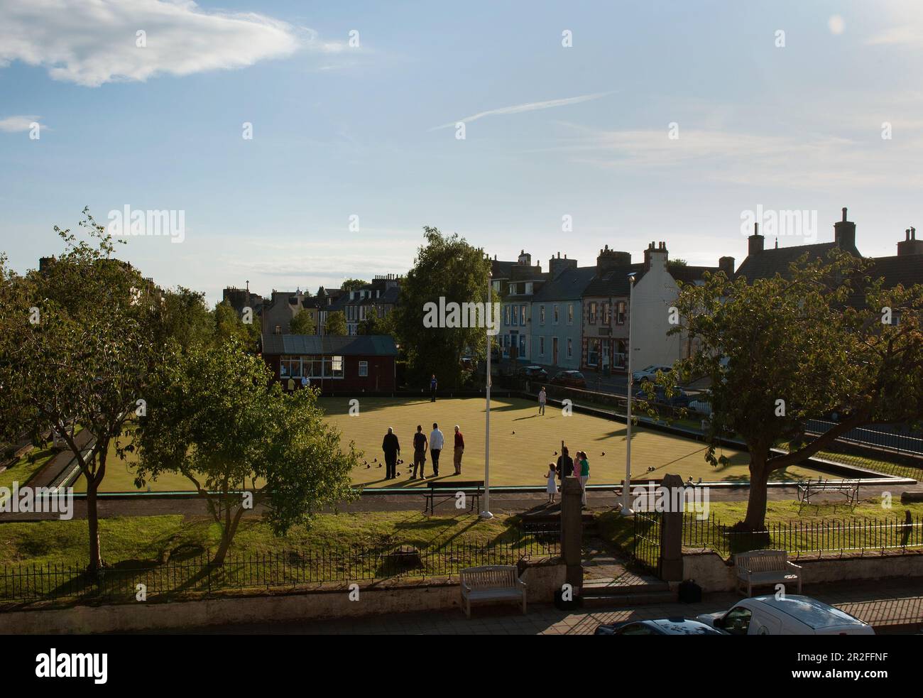 A wide view of bowls in play at the Wigtown lawn bowling club green in Wigtown; Dumfries; and Galloway, Scotland, uk Stock Photo