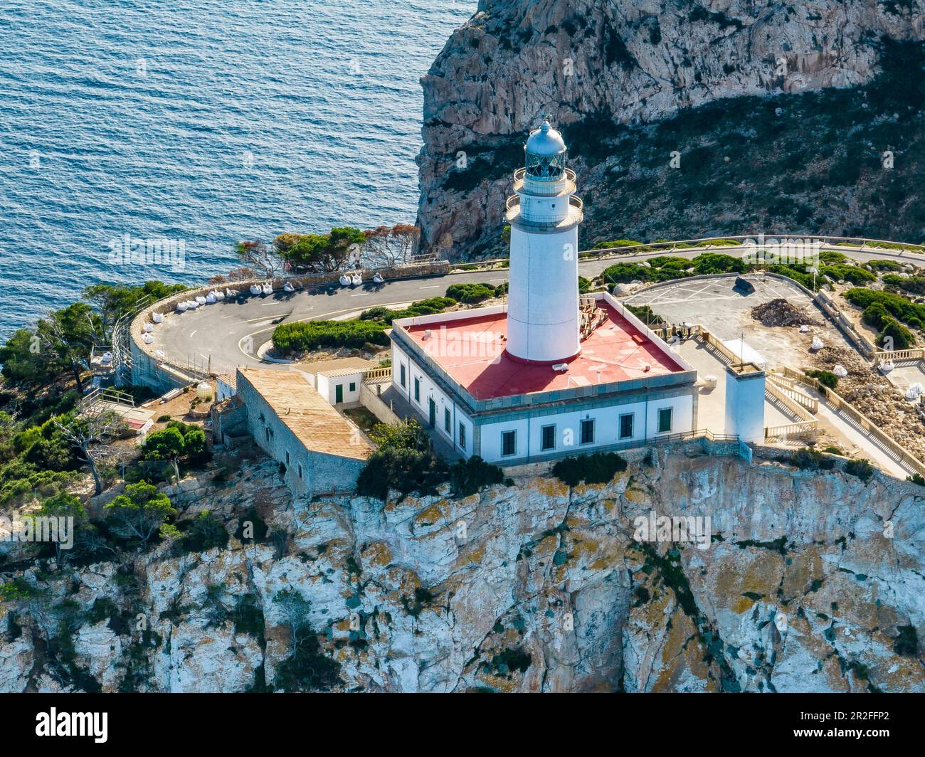 Spain, Balearic Islands, Mallorca, Pollenca, Flight past rocky cliffs and sea, Cap Formentor, coastal landscape Stock Photo