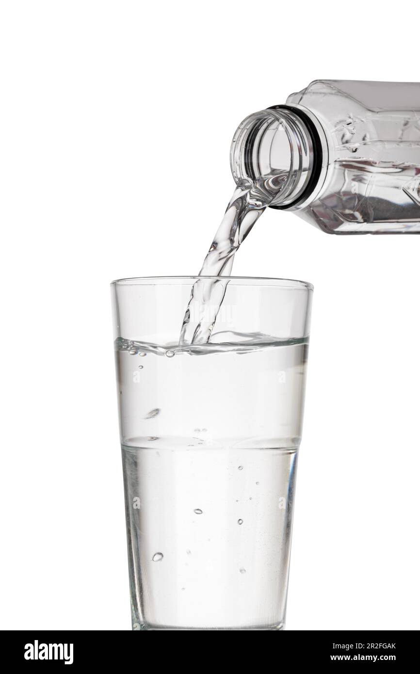 water bottle pour water to glass on white background Stock Photo Alamy