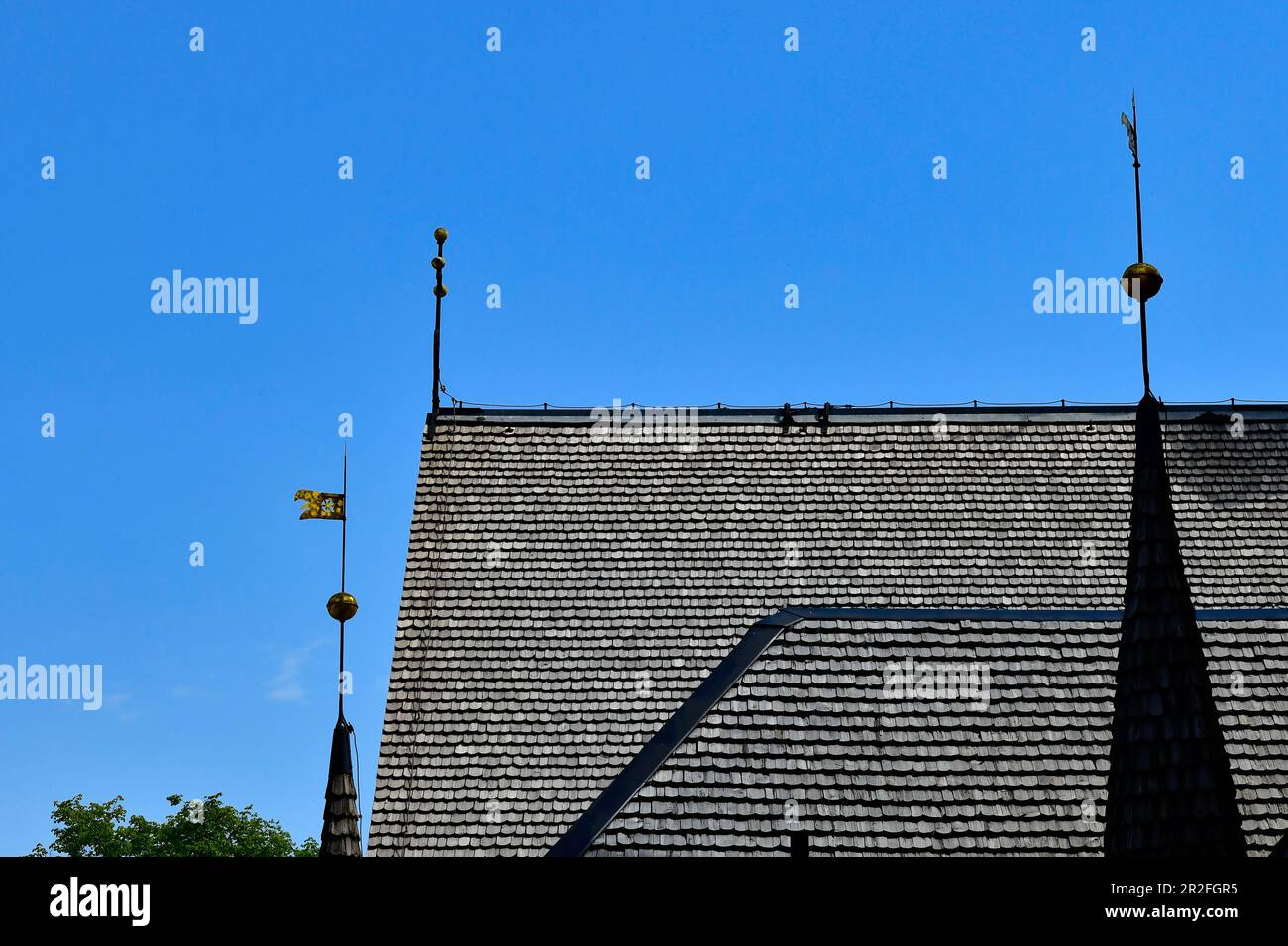 Roof and towers of the historic wooden church in Kopparberg, Orebro Province, Sweden Stock Photo