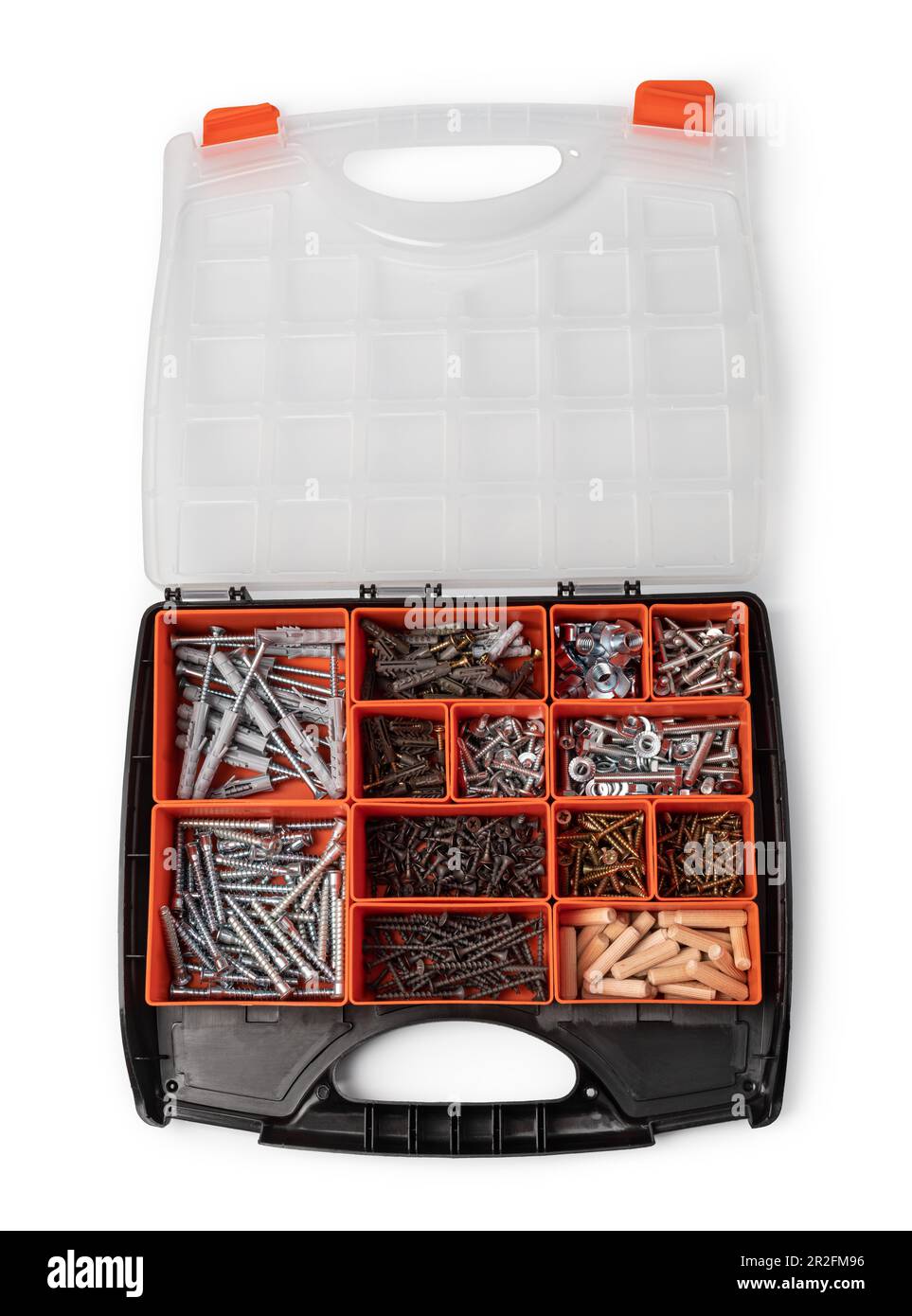 Red tool box with square compartments with screws and dowels Stock Photo