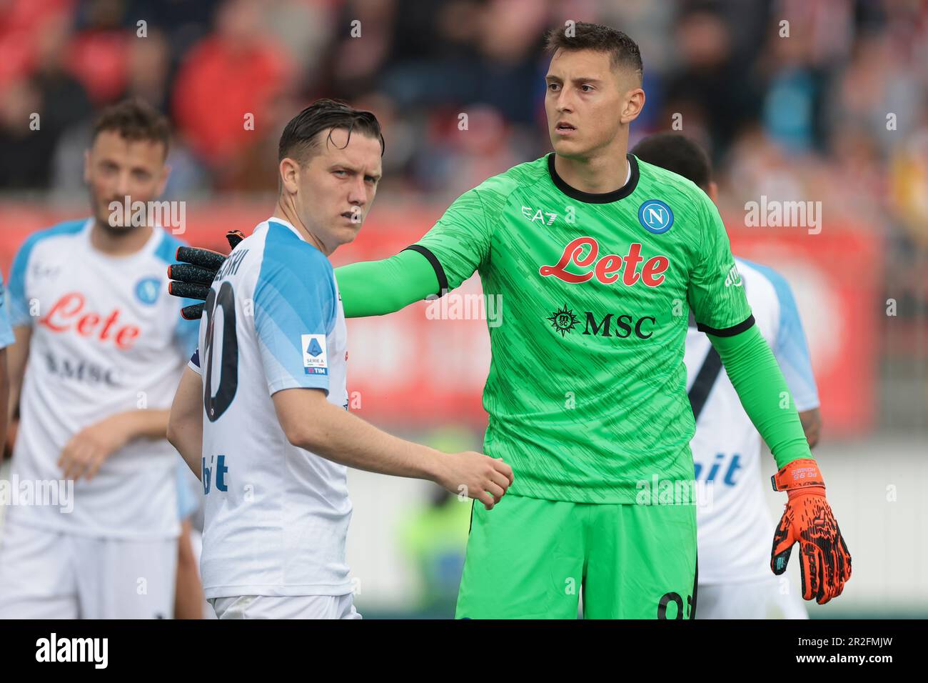 Monza, Italy, 14th May 2023. Pierluigi Gollini of SSC Napoli gives a pat on the shoulder to team mate Piotr Zielinski during the Serie A match at U-Power Stadium, Monza. Picture credit should read: Jonathan Moscrop / Sportimage Stock Photo