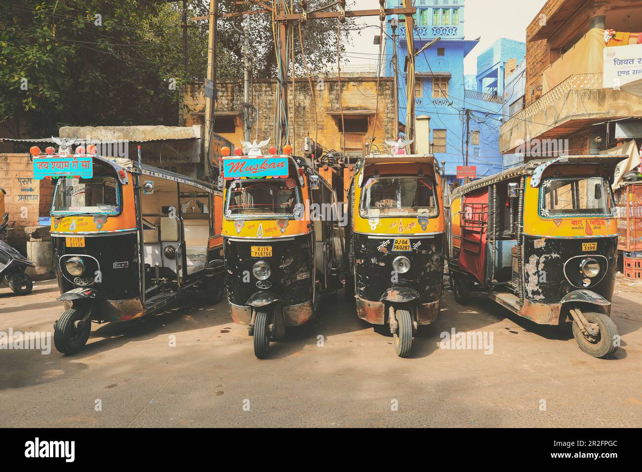 Jodhpur, India - January 19, 2020 : Auto rickshaw (tuk-tuk) taxis on a road. Tuk tuk taxis waiting at main square in Jodhpur Stock Photo