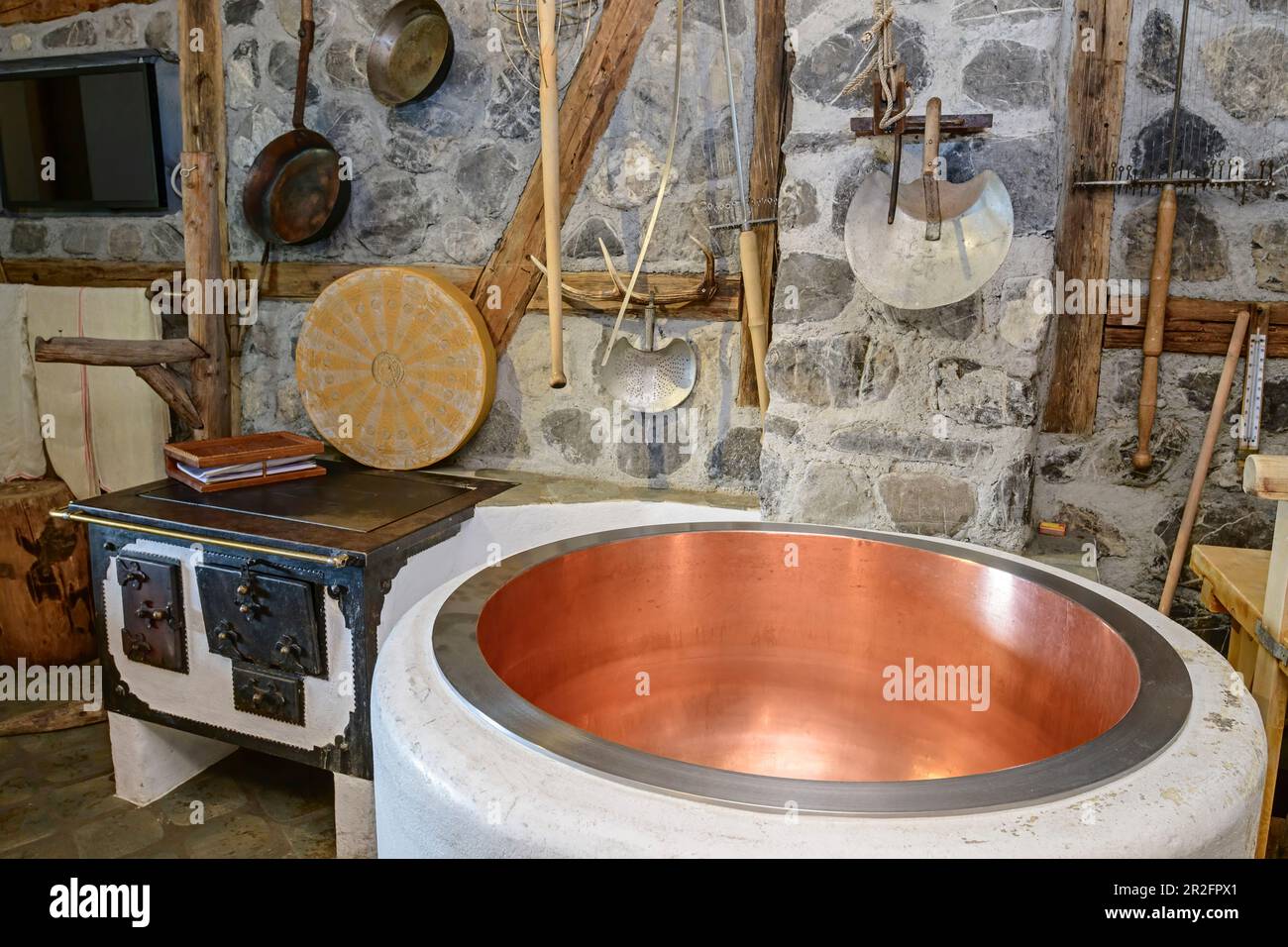 Copper kettle for cheese production and old stove, Großes Walsertal