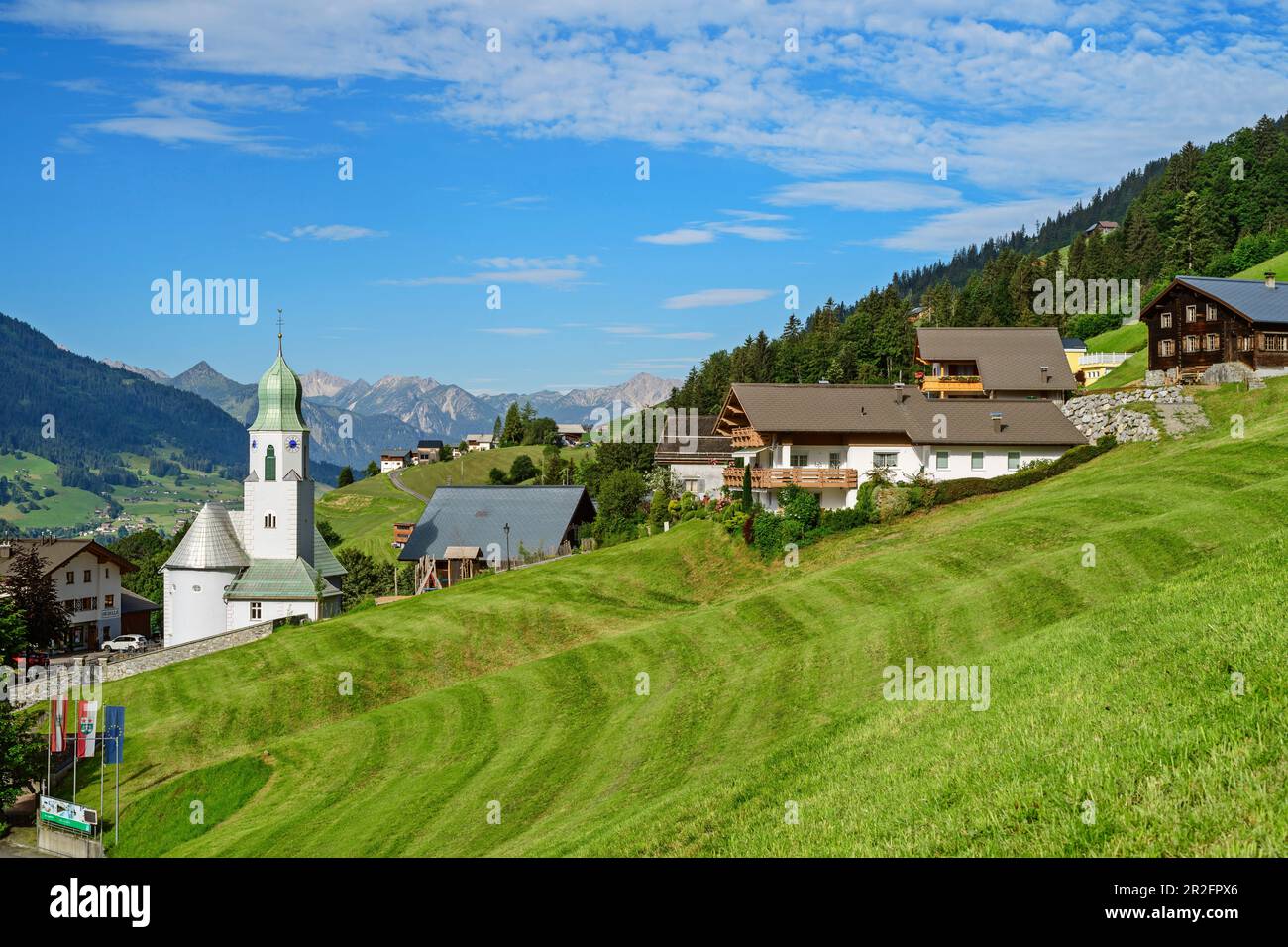 Place Fontanella with church, Großes Walsertal Biosphere Reserve, Bregenz Forest Mountains, Bregenzerwald, Vorarlberg, Austria Stock Photo