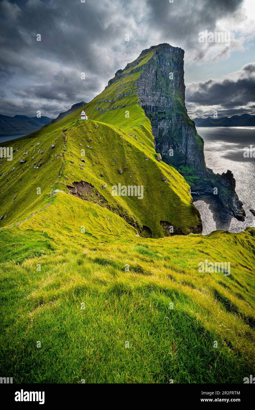 Lighthouse Kallur at the northern tip of the island Kalsoy, Faroe ...