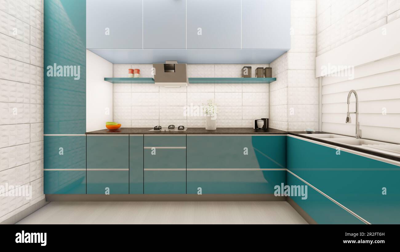 Kitchen 3d visualization in teal green and white scheme Stock Photo - Alamy
