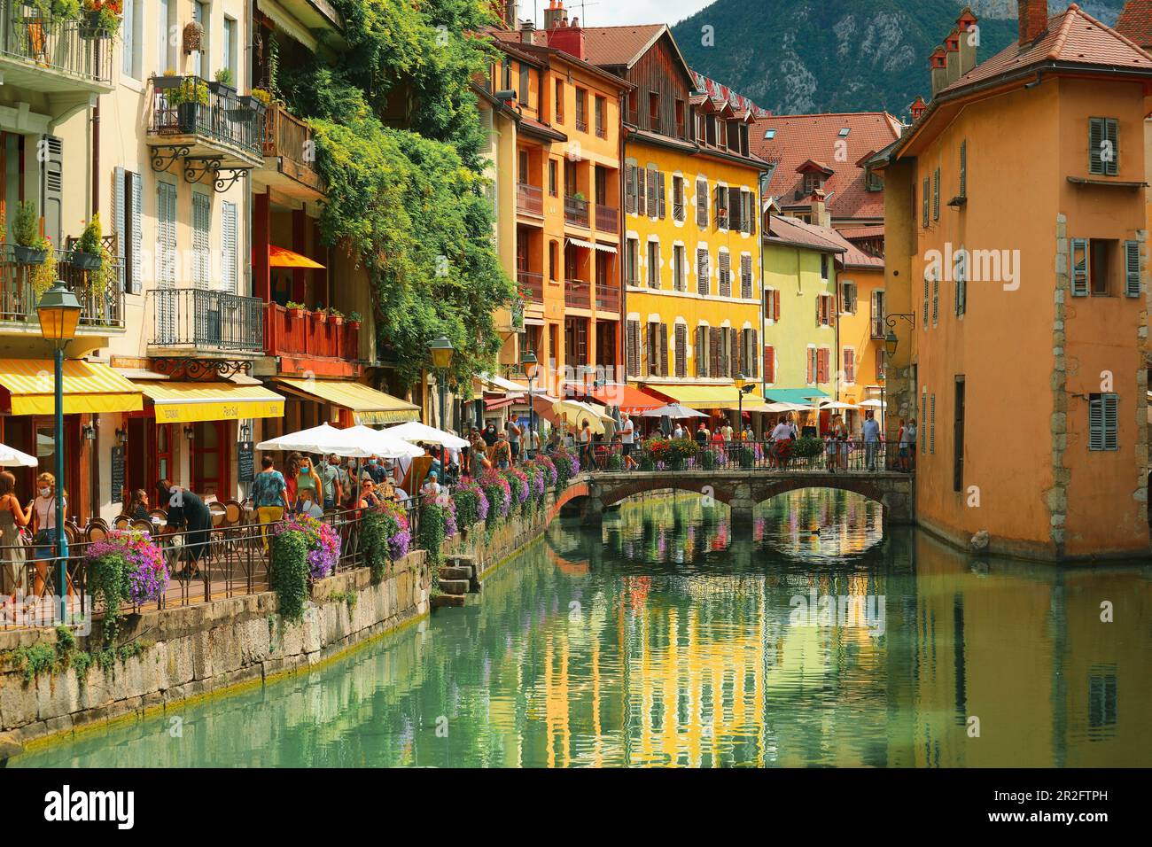 Annecy, France, - August, 22, 2020: Colourful medieval houses reflected in water of the canal in Annecy, France Stock Photo
