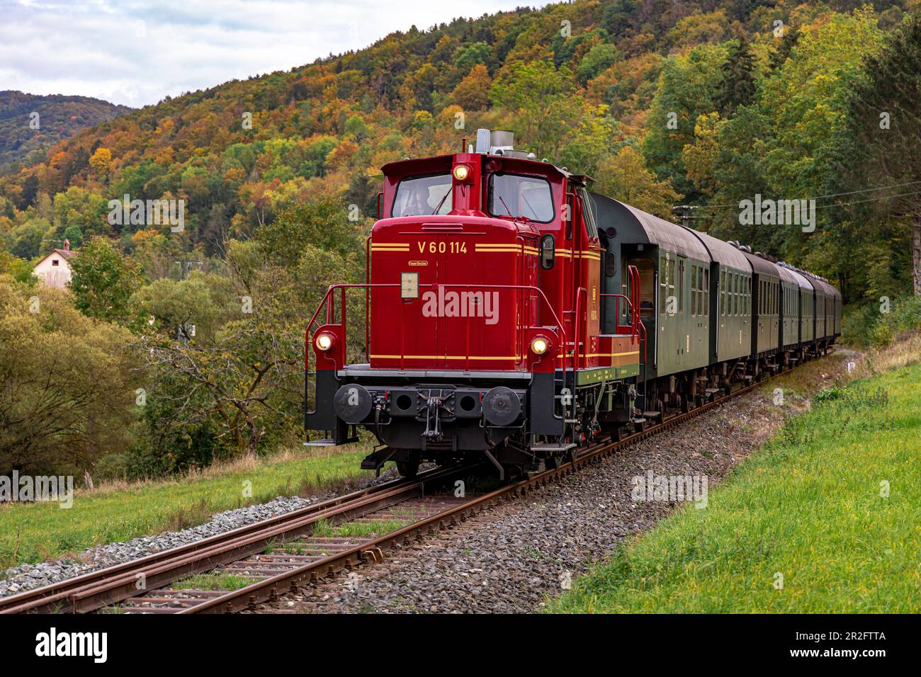 Historic railway with diesel locomotive in Wiesenttal in autumn, Streitberg, Upper Franconia, Bavaria, Germany Stock Photo