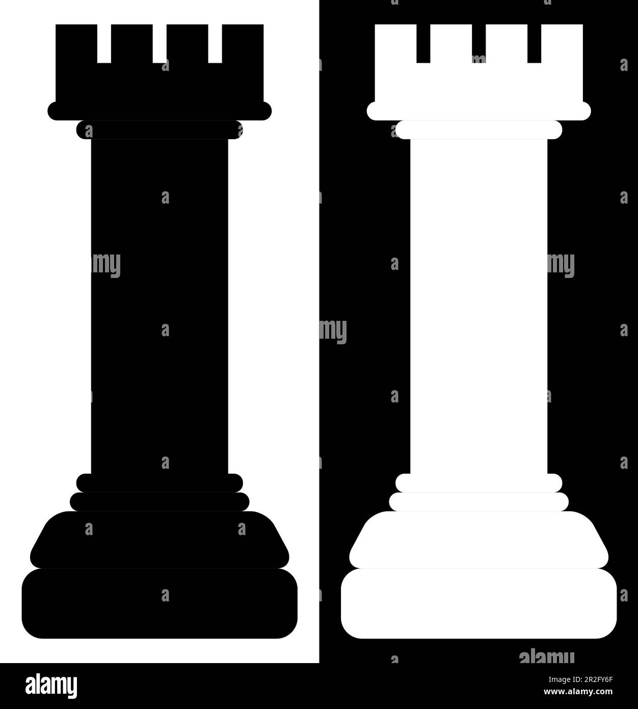 Rook, chess rook, black rook and white rook, chess piece, abstract, monochromatic, suitable for icon and sign and tag and banner Stock Photo