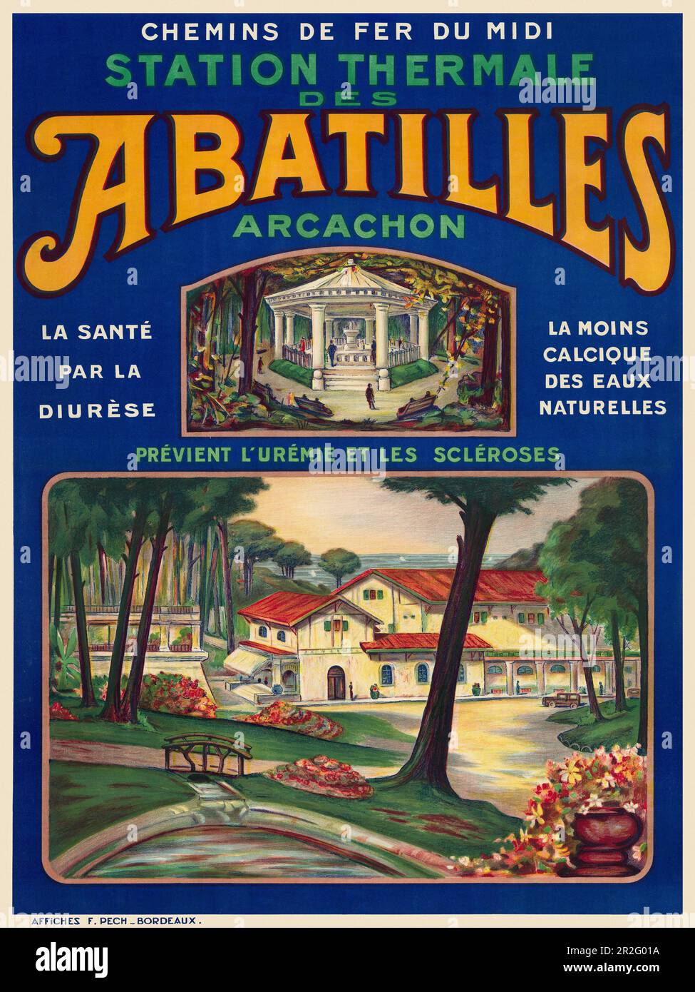 Chemins de Fer du Midi. Station thermale des Abatilles, Arcachon. Artist unknown. Poster published in 1920 in France. Stock Photo