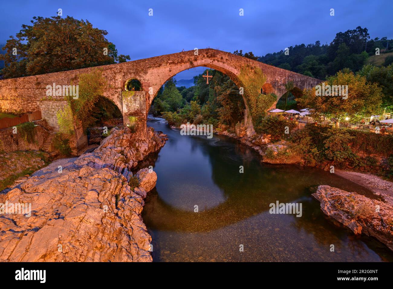 Illuminated bridge in Cangas de Onis, Puente Romano, Roman Bridge, Cangas de Onis, Picos de
