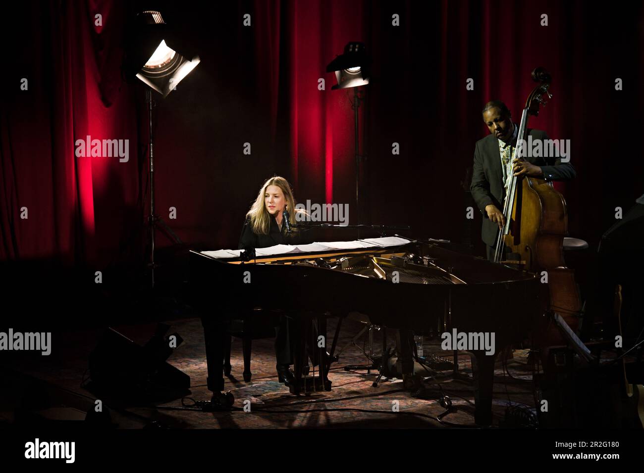 Brno, Czech Republic. 19th May, 2023. Canadian jazz singer and pianist Diana Krall, left, performs during her concert on May 19, 2023, in Brno, Czech Republic. On the right side is seen double bassist Robert Hurst. Credit: Patrik Uhlir/CTK Photo/Alamy Live News Stock Photo