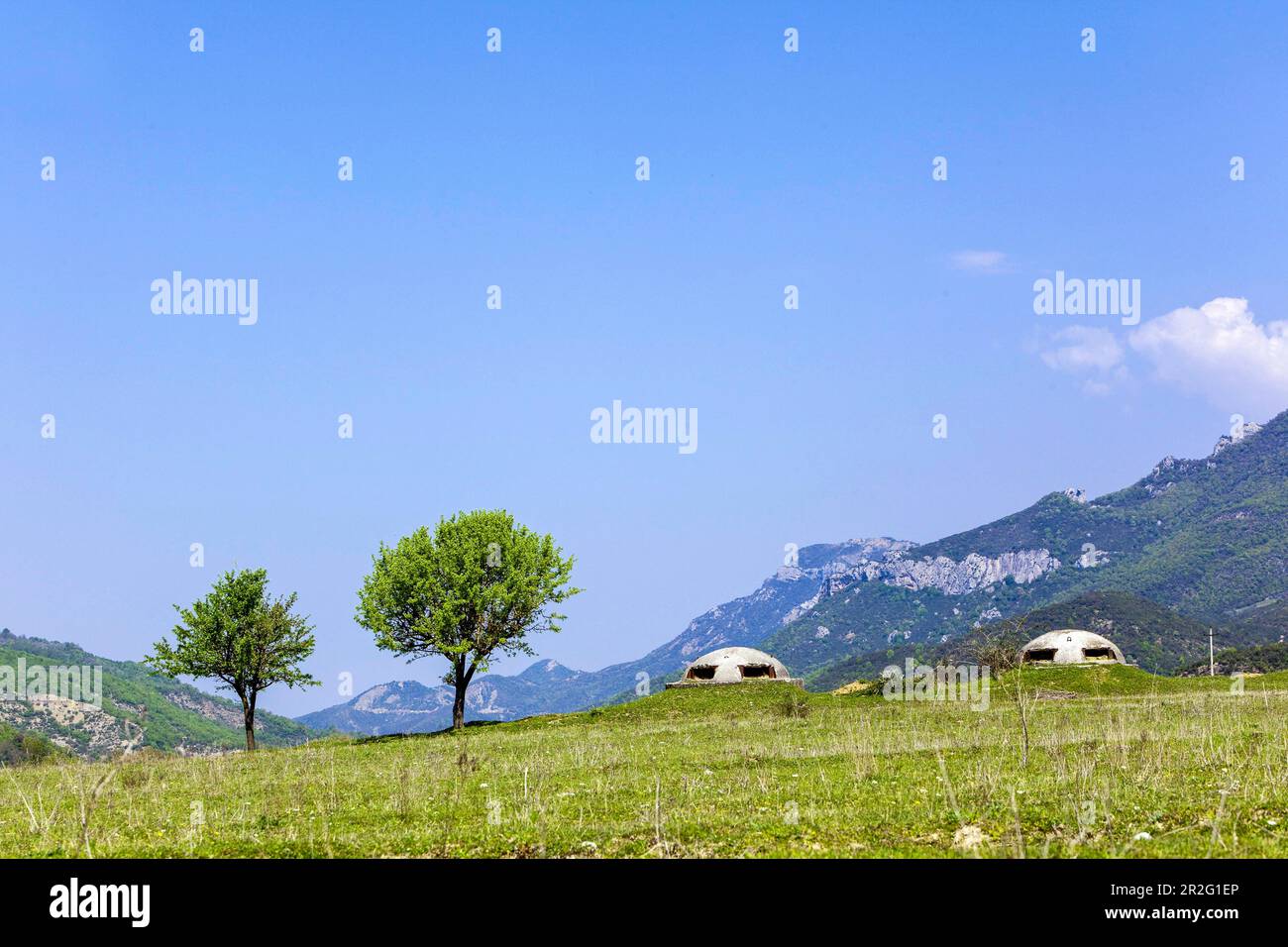 Former bunker in the valley of the Vjosa, landscape in the border area between Albania and Greece, Carshova, Qark Gjirokastra, Albania Stock Photo