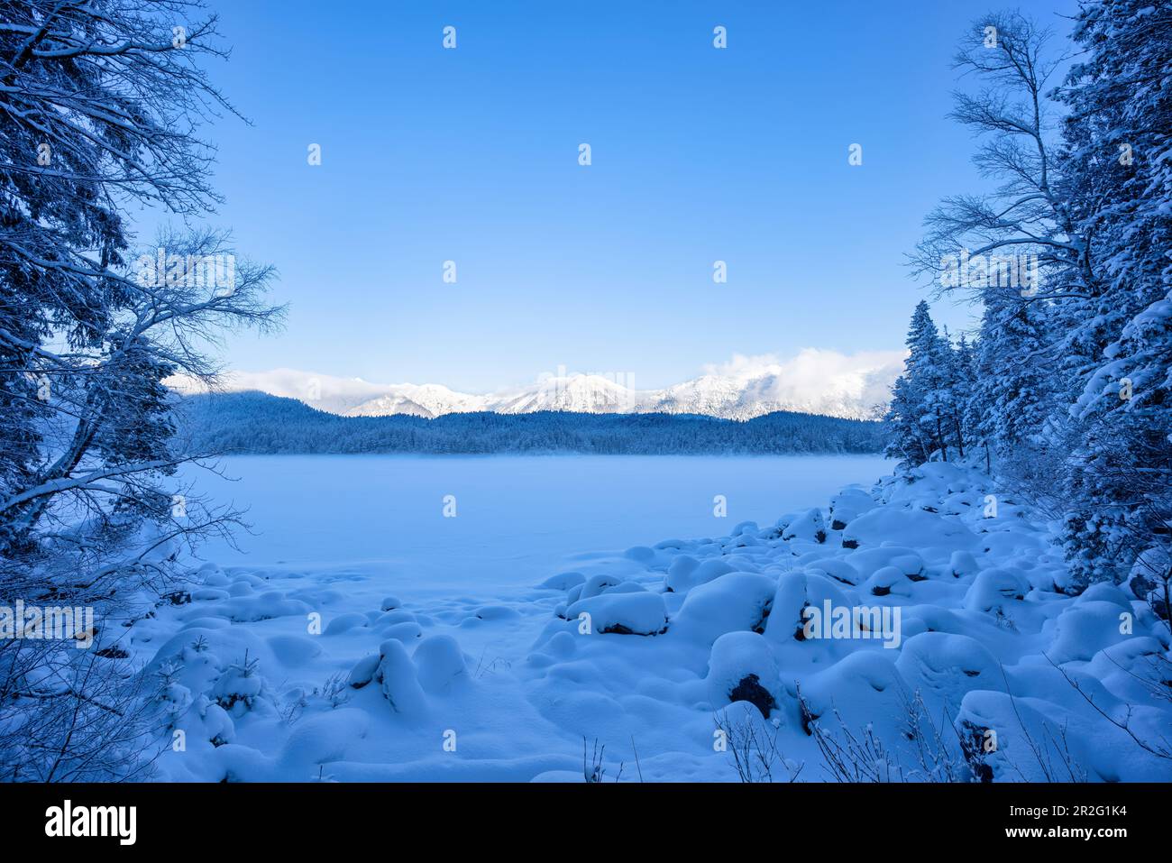 Completely frozen Eibsee, Grainau, Upper Bavaria, Bavaria, Germany Stock Photo