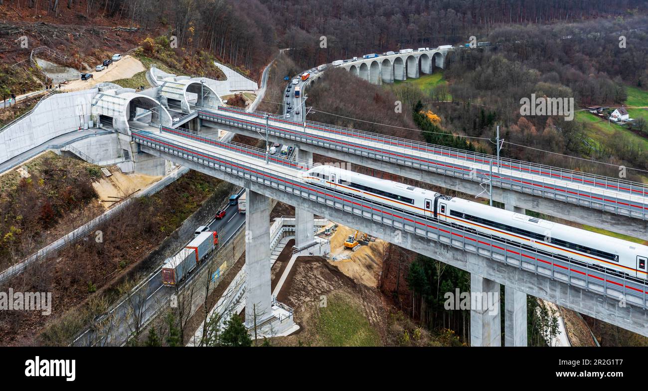 ICE on the Filstal bridge, the third highest railway bridge in Germany, ICE 4 XXL Federal Republic of Germany with special livery, Muehlhausen im Stock Photo