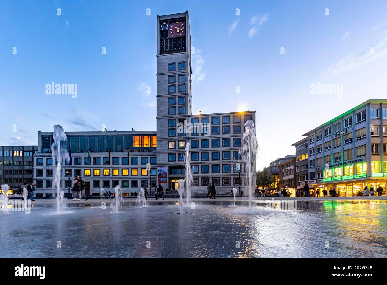 City Hall in the evening, water features on the market square, Stuttgart, Baden-Wuerttemberg, Germany Stock Photo