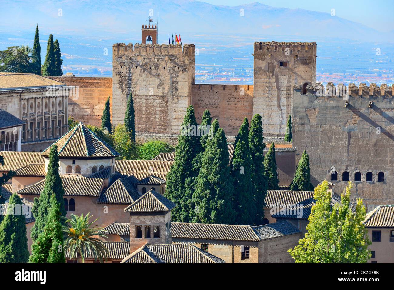 Roofs and defense towers of the Alhambra, Granada, Andalusia, Spain ...