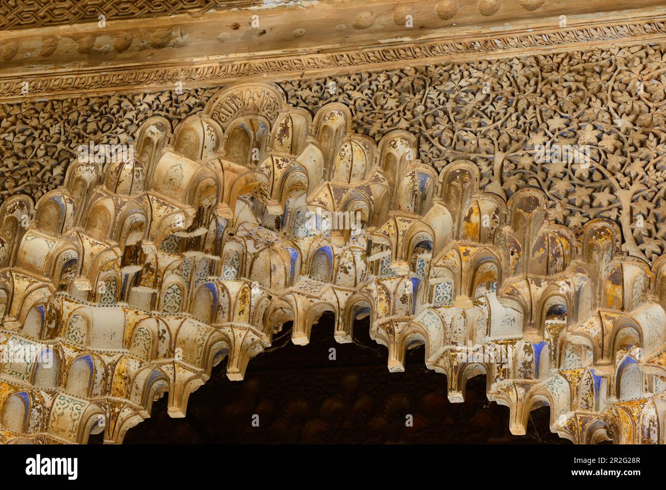 Ornately decorated arch inside the Alhambra, Granada, Andalusia, Spain Stock Photo