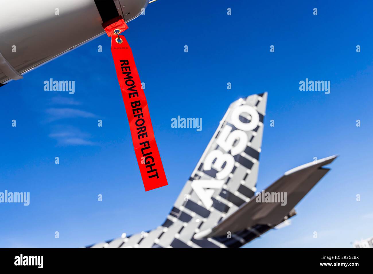 Safety Notice, Red Tag Item, Remove before Flight, Airbus A350-900, ILA Berlin Air Show, Berlin International Aerospace Exhibition, Schoenefeld Stock Photo