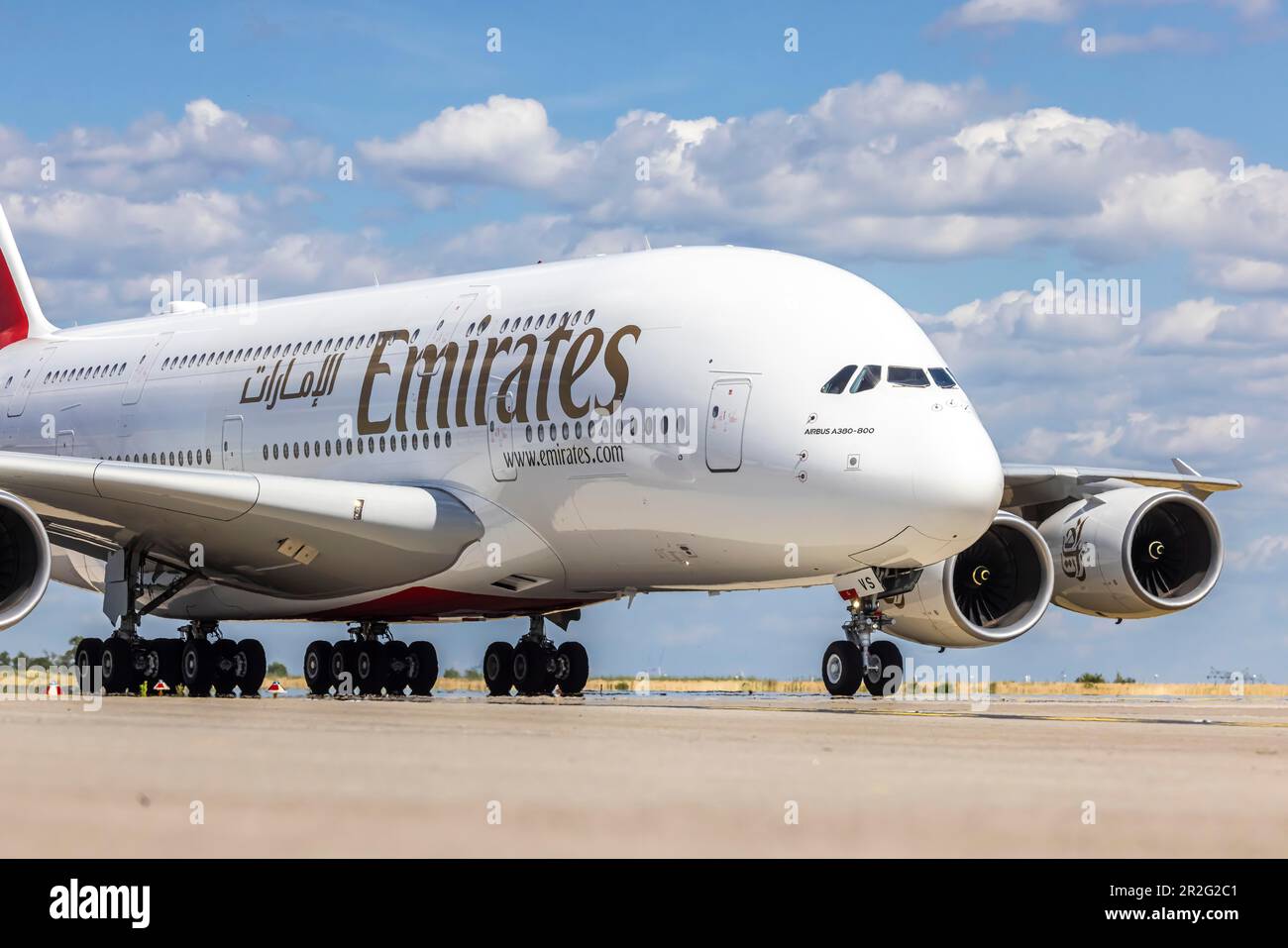 Airbus A380 (A380-842ILA) of the airline Emirates on the tarmac of the airport, ILA Berlin Air Show, International Aerospace Exhibition Berlin Stock Photo