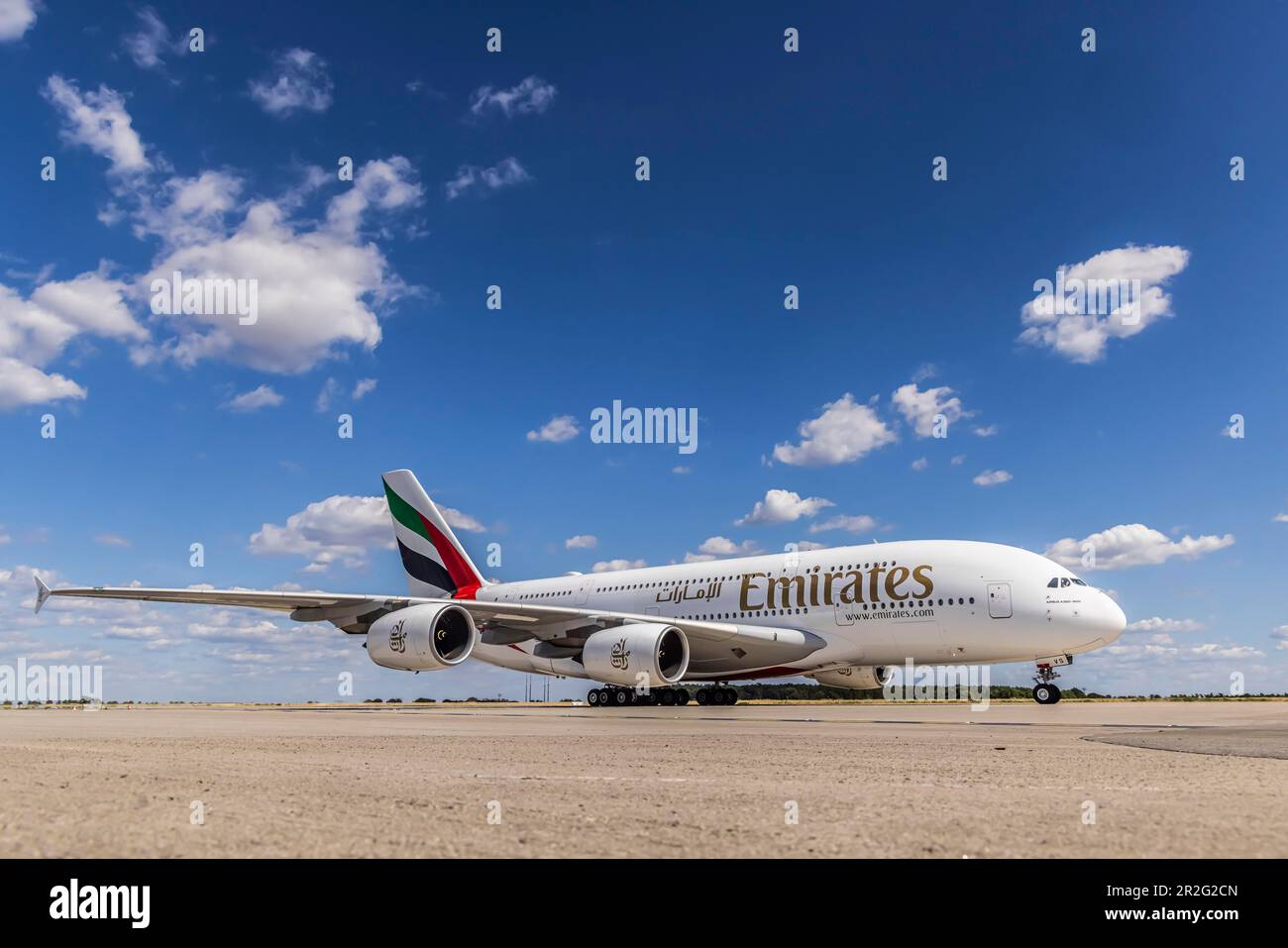 Airbus A380 (A380-842ILA) of the airline Emirates on the tarmac of the airport, ILA Berlin Air Show, International Aerospace Exhibition Berlin Stock Photo