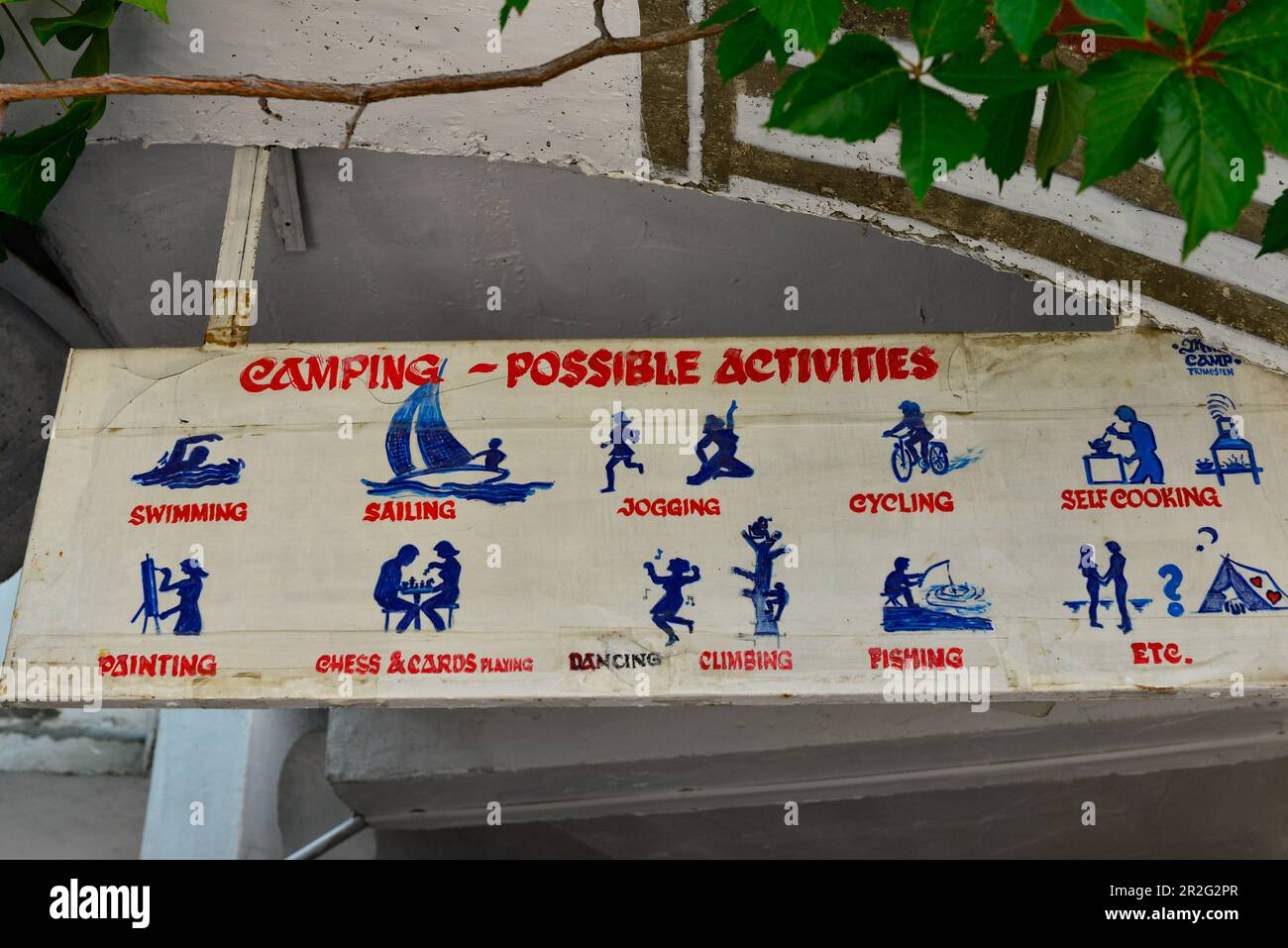 Funny designed sign about activities at the campsite, Primosten ...