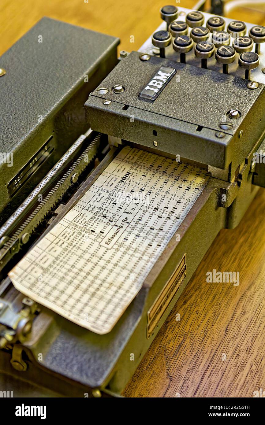 IBM: The historic Hollerith punch was used to record data on punched cards. Punch cards were an important tool for data entry and data processing Stock Photo