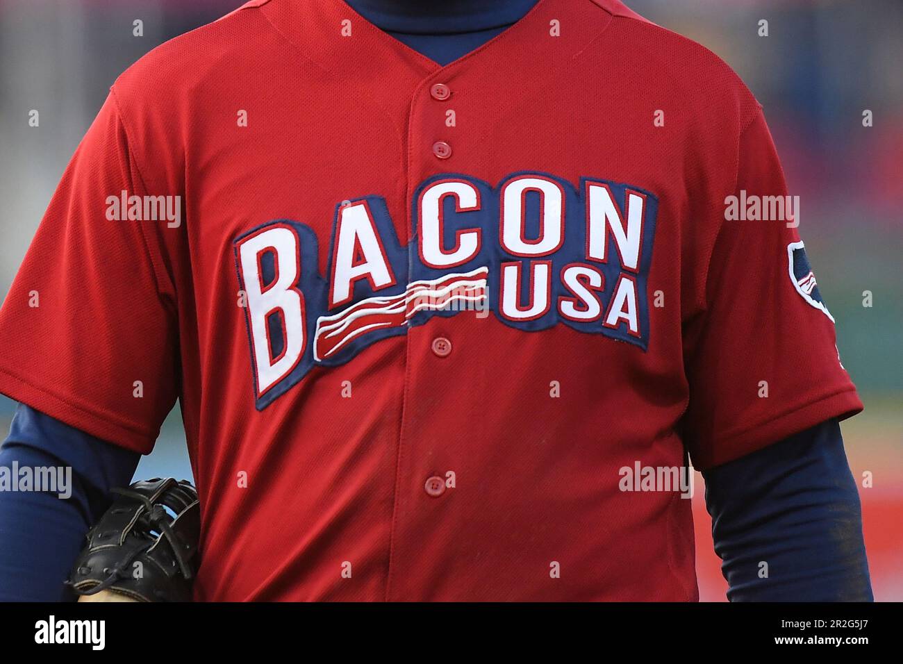 WORCESTER, MA - MAY 18: A detail view of the Bacon USA jersey worn by the  Lehigh Valley IronPigs during a AAA MiLB game between the Lehigh Valley  IronPigs and the Worcester