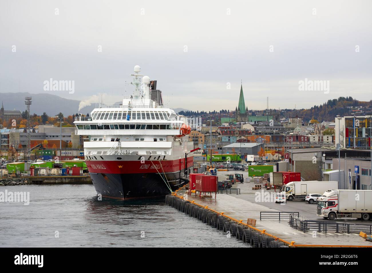 MS Kong Harald der Hurtigruten in the port of Trondheim, Trondheimsfjorden, Trondheim, Soer-Troendelag Province, Troendelag, Norway, Europe Stock Photo