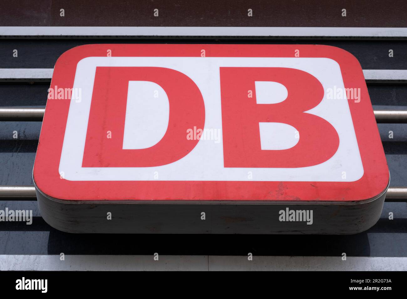 Sign with logo DB, Deutsche Bahn, North Rhine-Westphalia, Germany