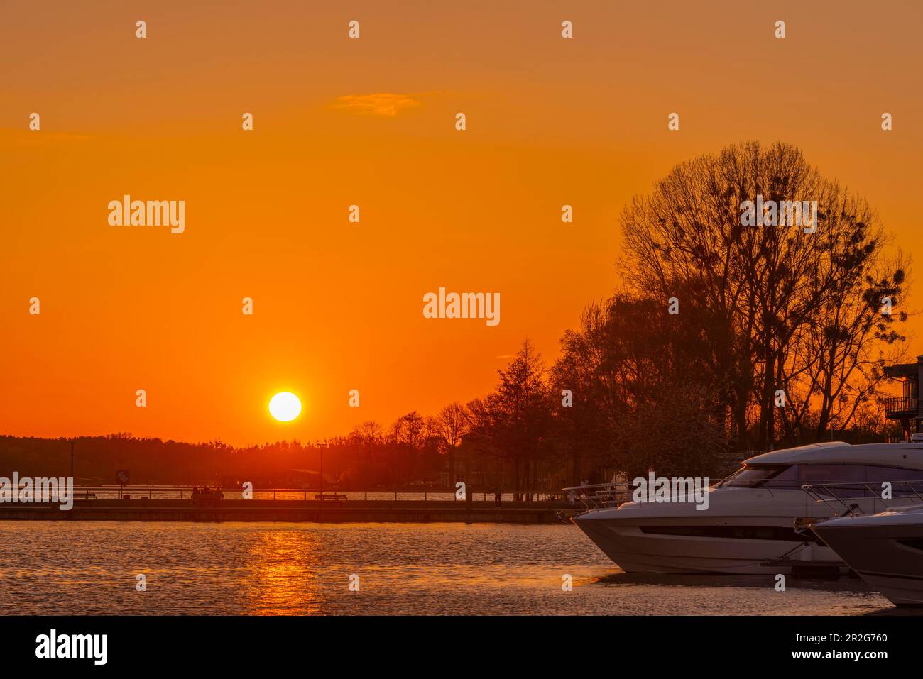 Small town Waren in the evening light, Mueritz, inland Mueritz, Mecklemburg Lake District, backlight shot, trees, boats, sunset, Mecklenburg-Western Stock Photo