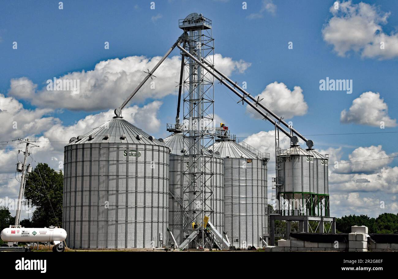 LEBO, KANSAS MAY 18, 2023 Grain storage silos located along side the