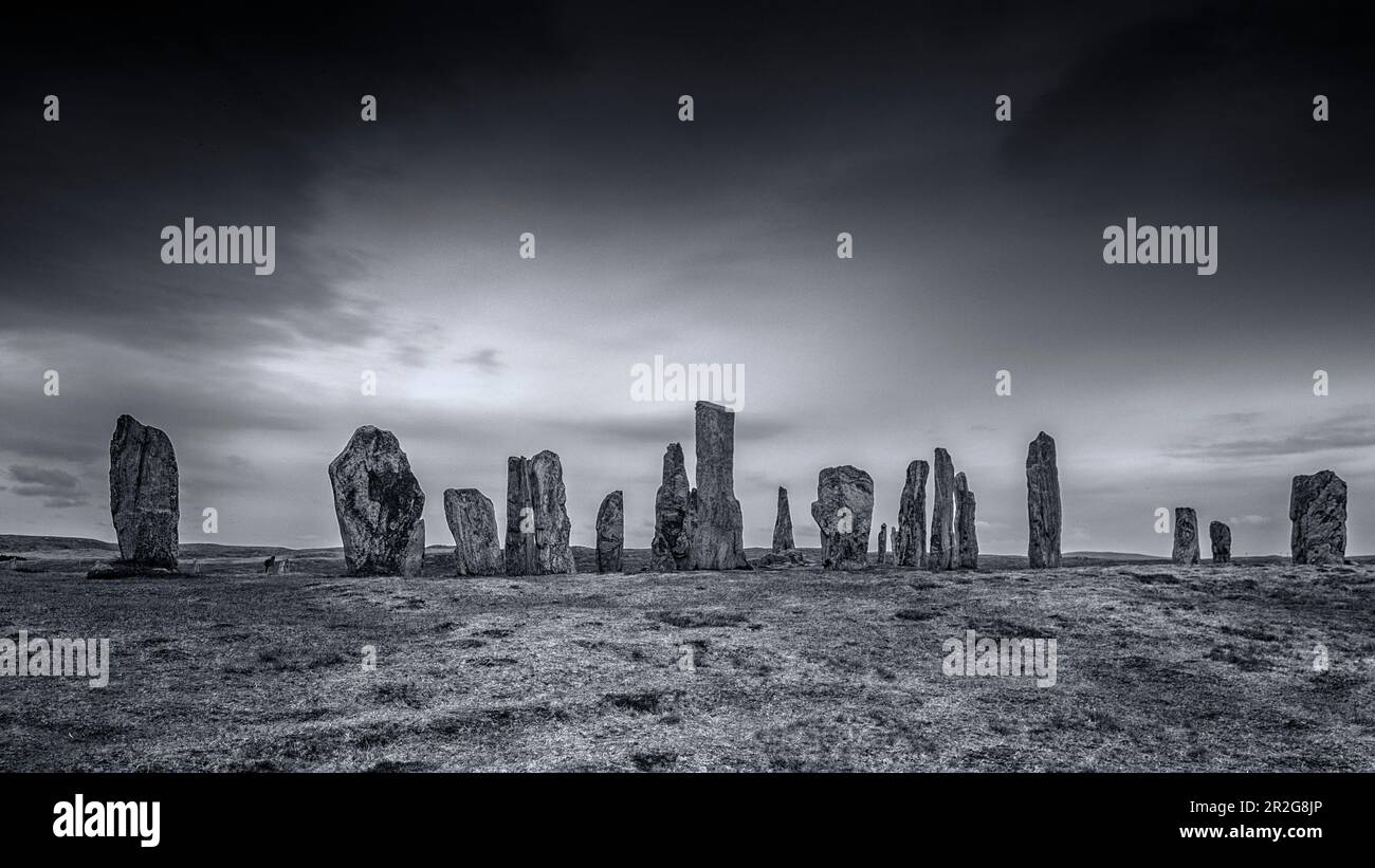 Stone circle Callanish stone circle, Isle of Lewis, Scotland. black-and-white. Stock Photo
