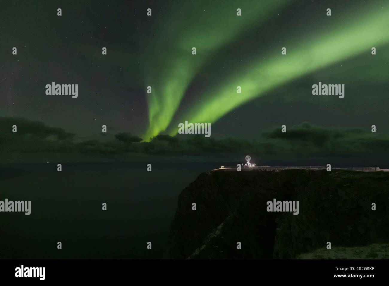 Illuminated world globe at Nordkapp, Finnmark, Norway under northern ...