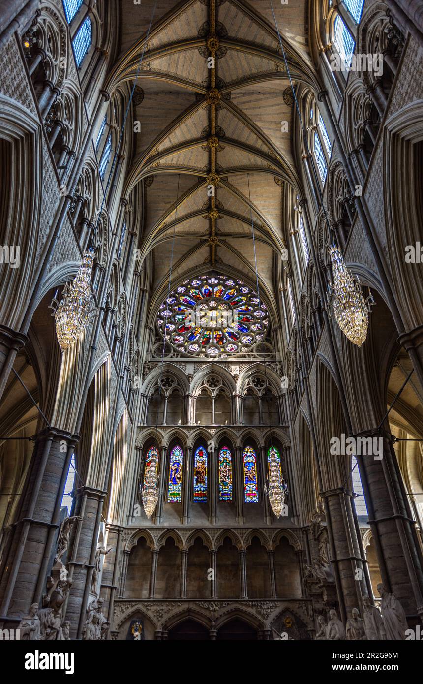 Westminster Abbey North Transept Interior and Rose Window in London Stock Photo