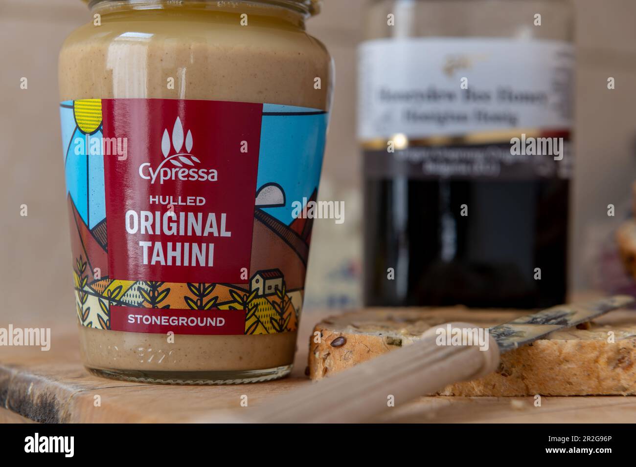 London. UK- 05.14.2023. A jar of hulled original tahini from the Cypressa brand. Stock Photo