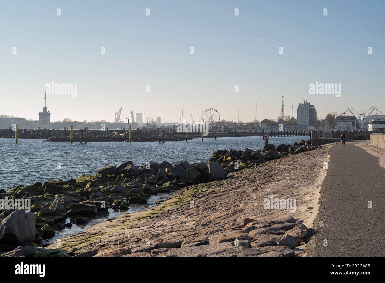 View from the western pier to the port of Warnemünde in the morning ...