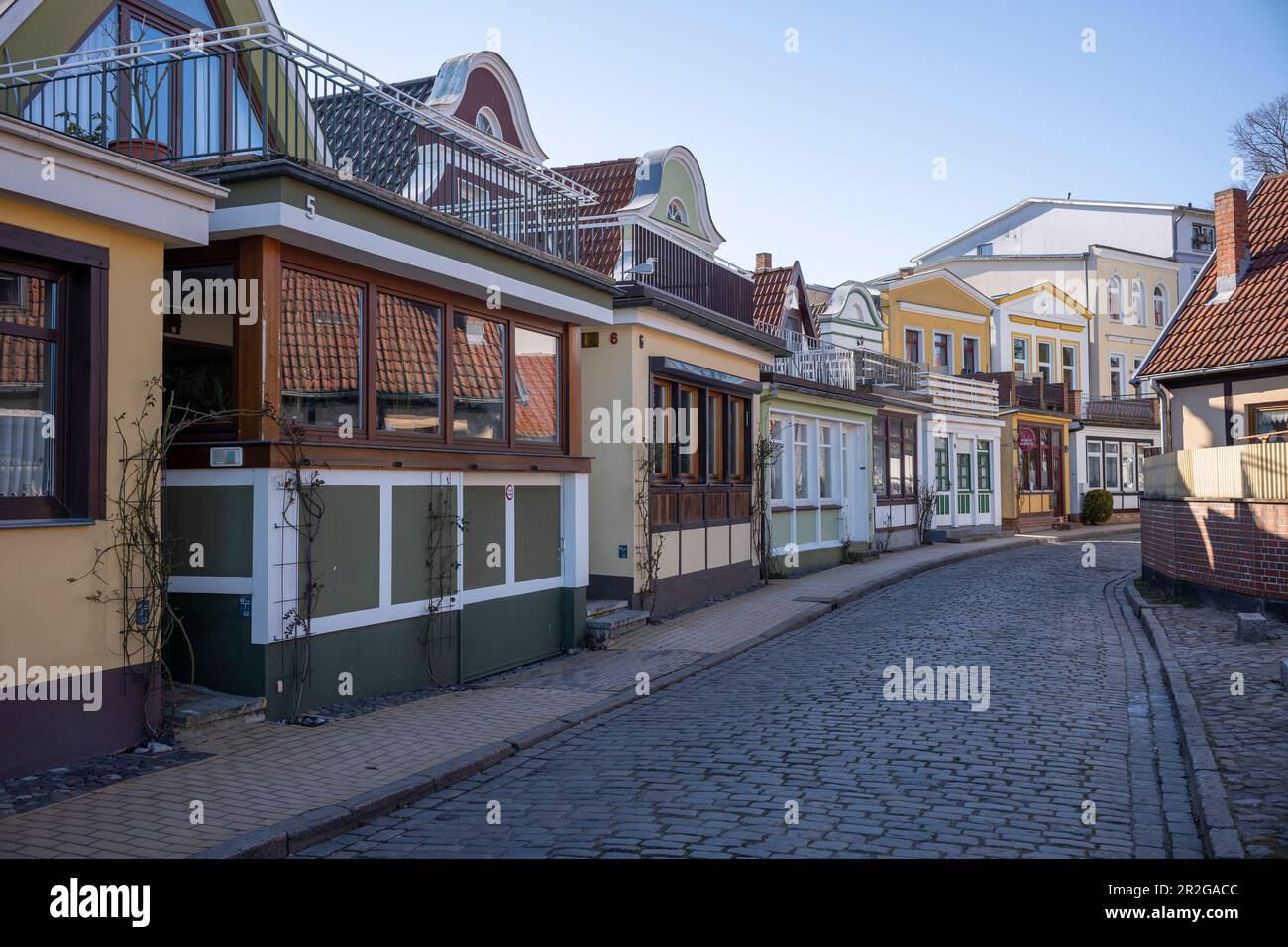 Historical captain's houses in the old town of Warnemünde Stock Photo