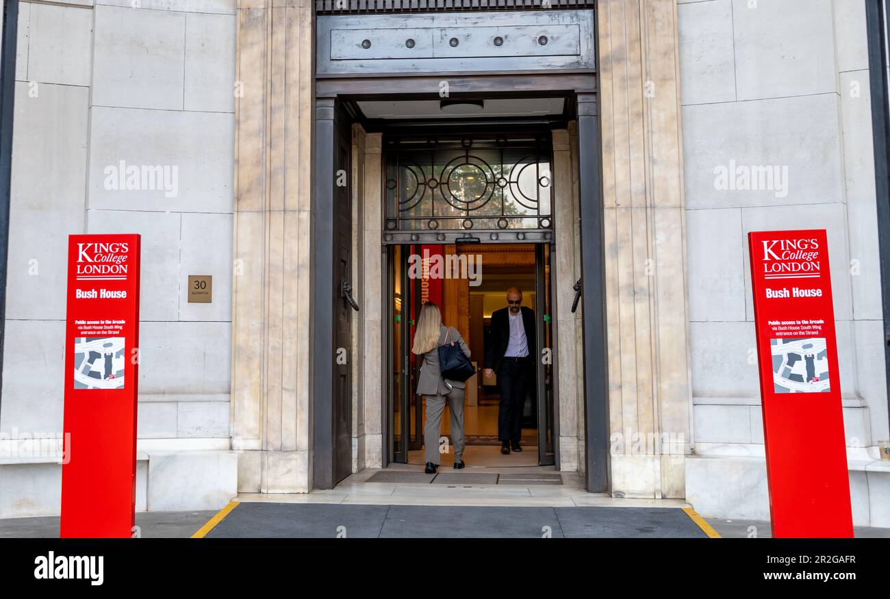 London. UK- 05.17.2023.The entrance and name signs of King's Collage London Strand Campus. Stock Photo