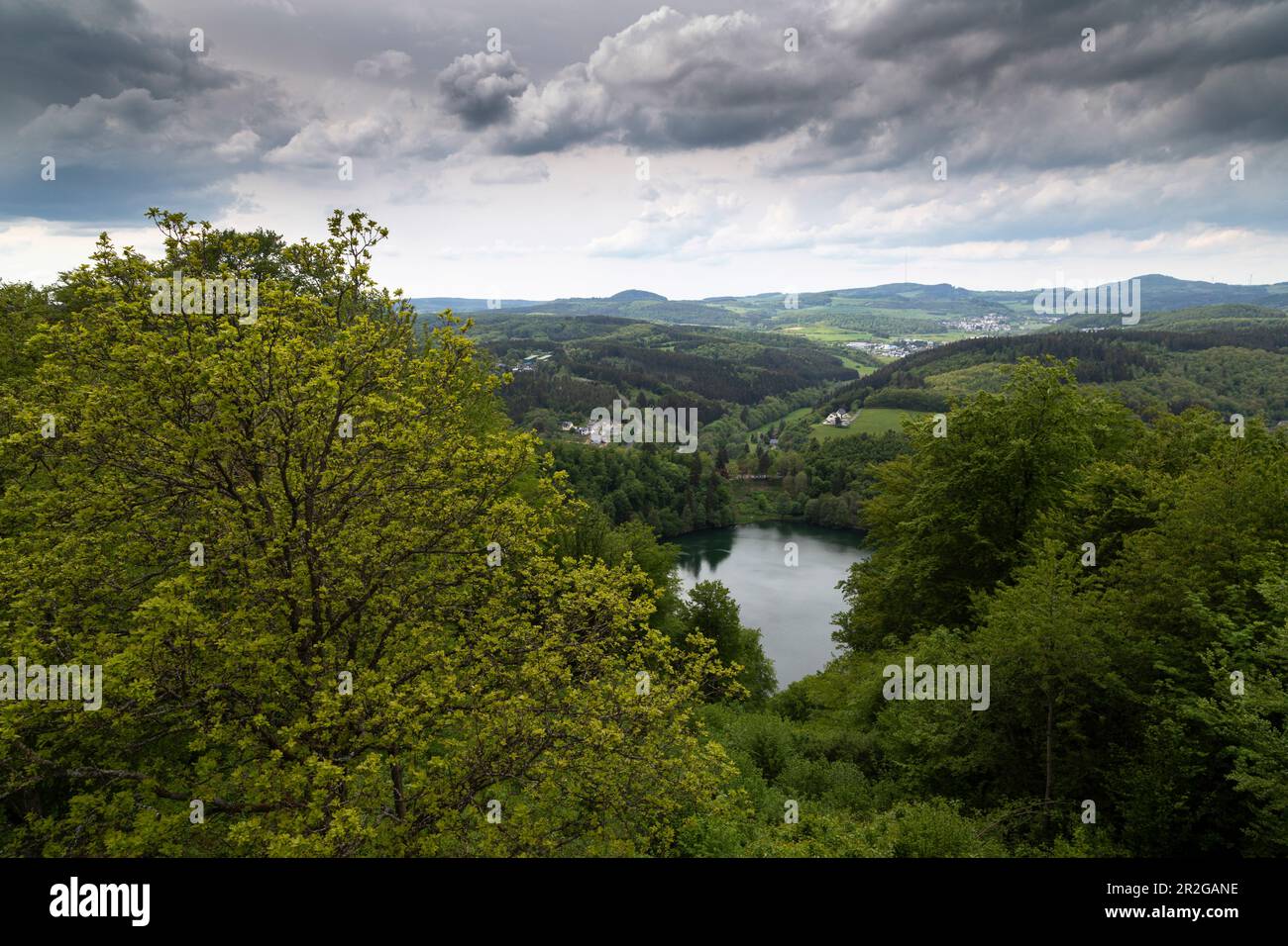 Hidden view of Gemündener Maar, Vulkaneifel, Schalkenmehren, Rhineland-Palatinate Stock Photo