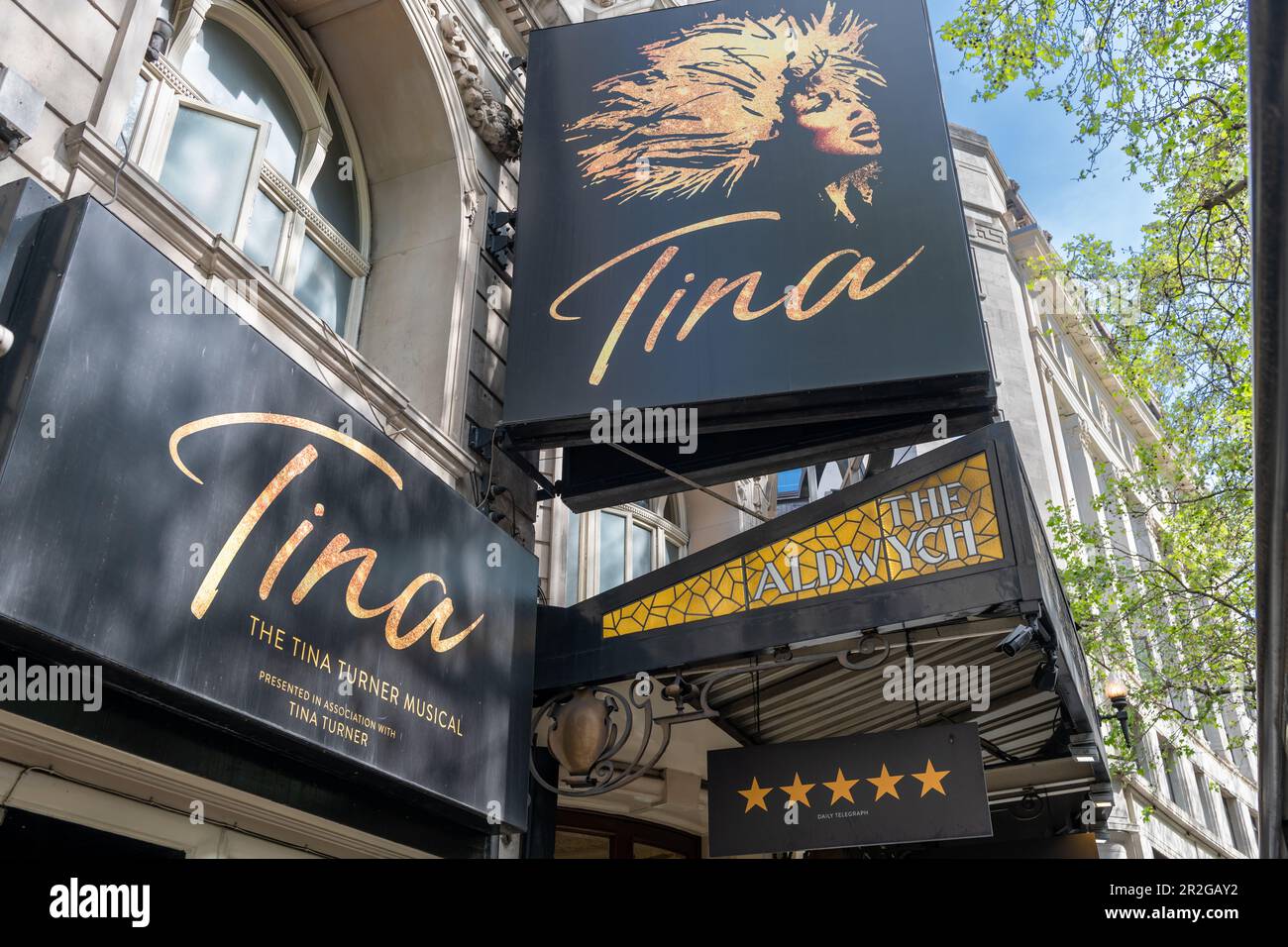 London. UK- 05.17.2023. The advertisement for Tina the musical on the facade of the Aldwych Theatre. Stock Photo