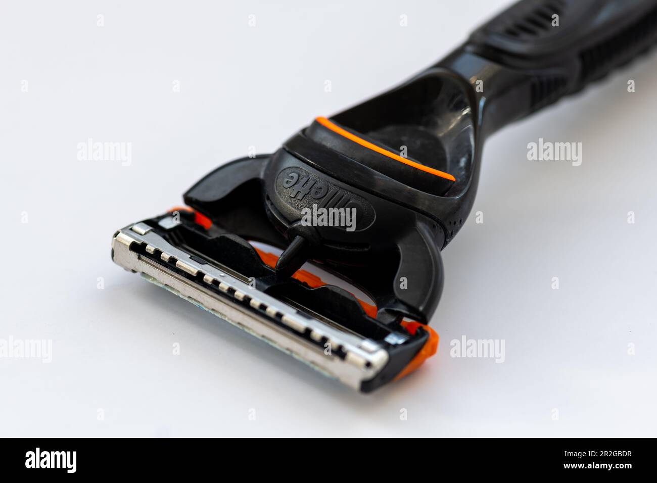 London. UK- 05.16.2023. Close up of a Gillette razor blades isolated in white. Stock Photo