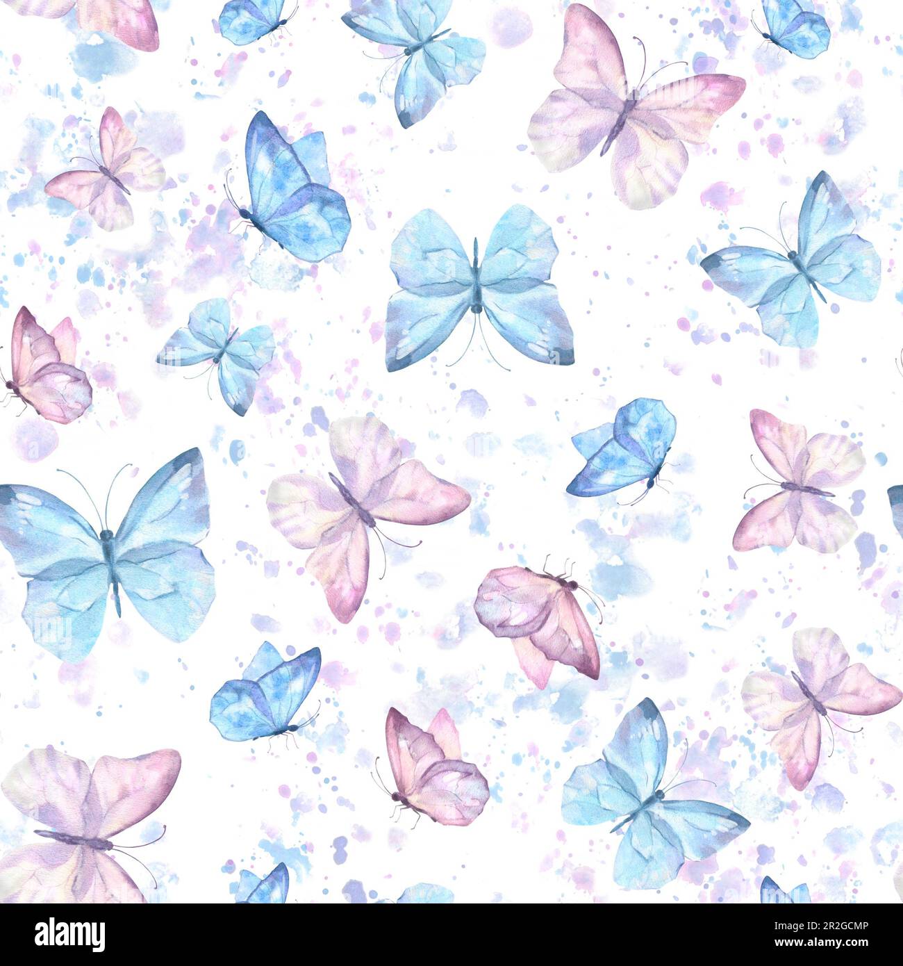 Cute butterflies hand drawn watercolor seamless pattern. Delicate blue ...