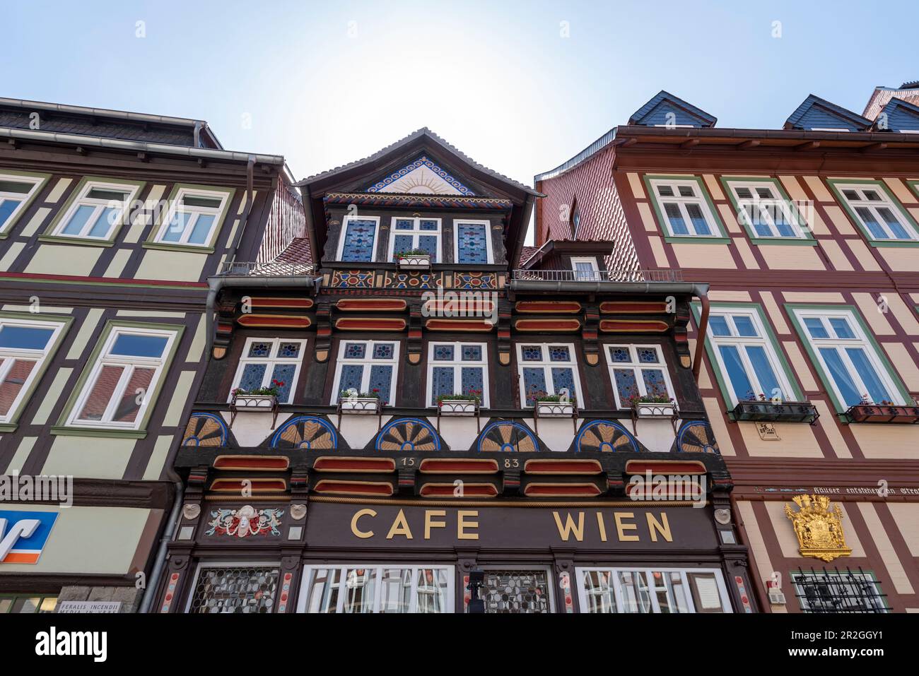 Café Wien, built in 1583, one of the oldest half-timbered houses in Wernigerode, is a listed building, Wernigerode, Saxony-Anhalt, Germany Stock Photo