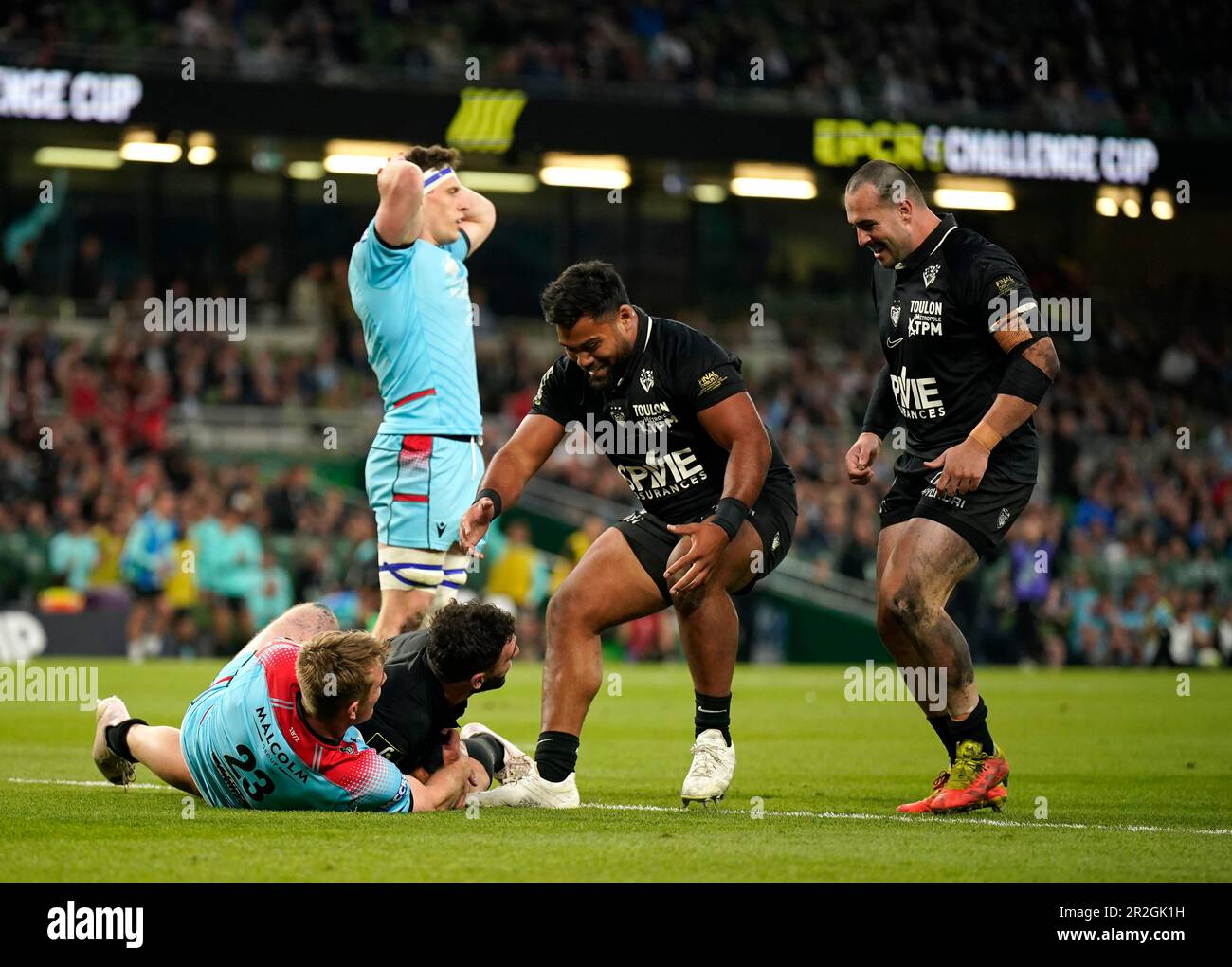 RC Toulon's Charles Ollivon celebrates scoring their side's third try of the game during the ECPR Challenge Cup final at Aviva Stadium, Dublin. Picture date: Friday May 19, 2023. Stock Photo