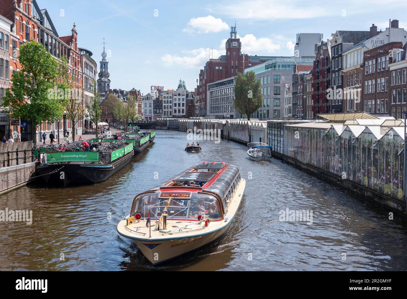 Bloemenmarkt, floating flower market, tour boat on the Singel canal, Amsterdam, North Holland, Netherlands Stock Photo