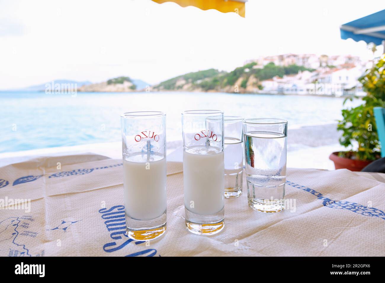 Greek ouzo served in a taverna in Kokkari on the island of Samos in