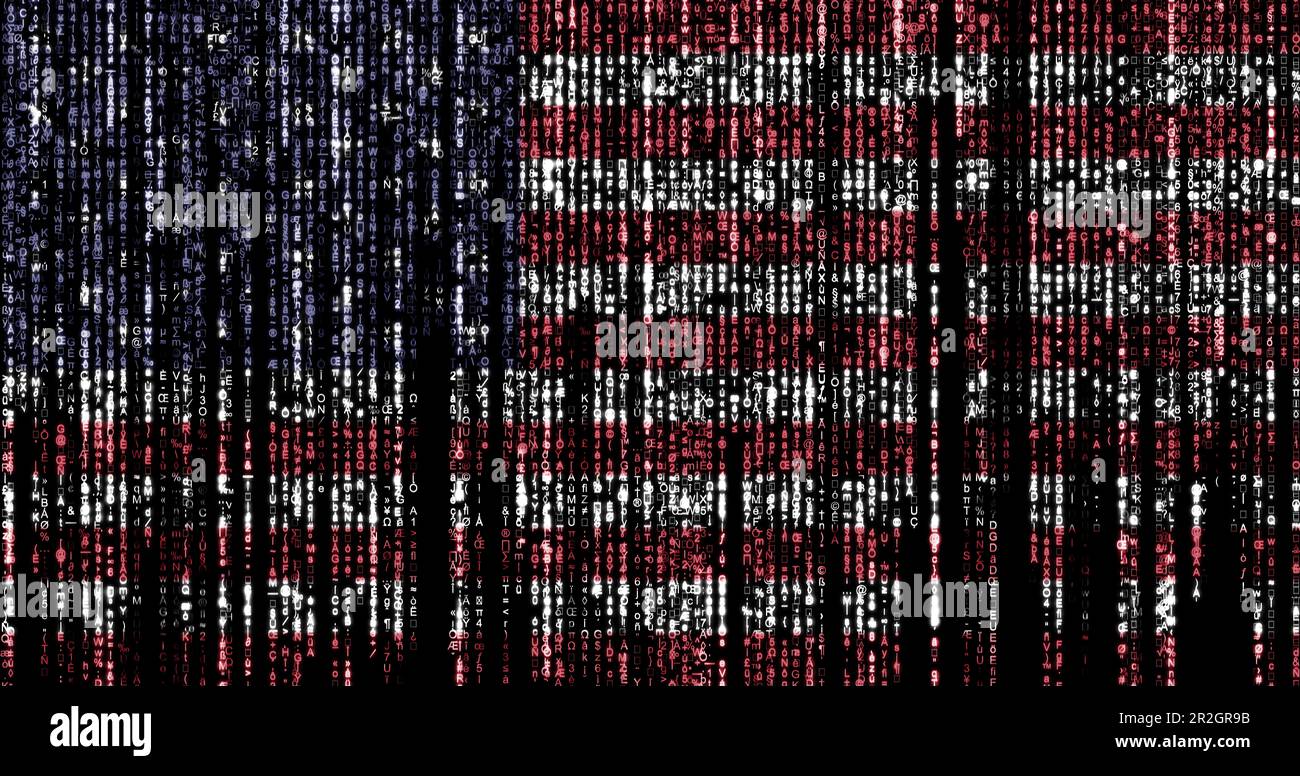 Flag of USA on a computer binary codes falling from the top and fading ...